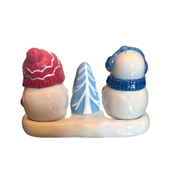 St Nicholas Square Let It Snow Snowman Salt & Pepper Shakers With Stand GUC 3 PC - Picture 2 of 9
